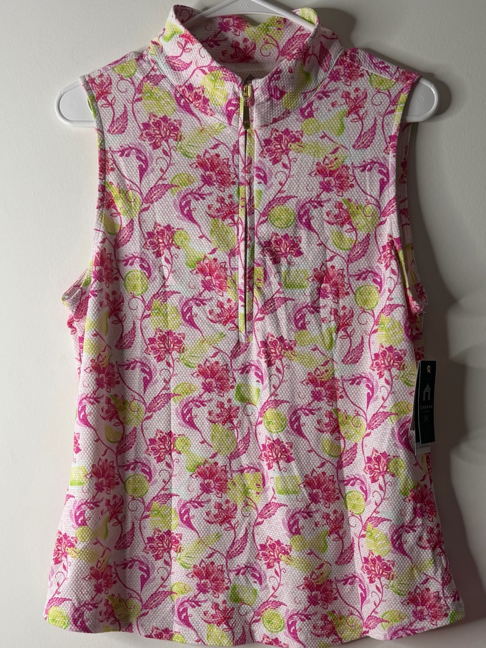 Cabana Life Sleeveless Floral Zip Mock Neck Top - Pink & Lime